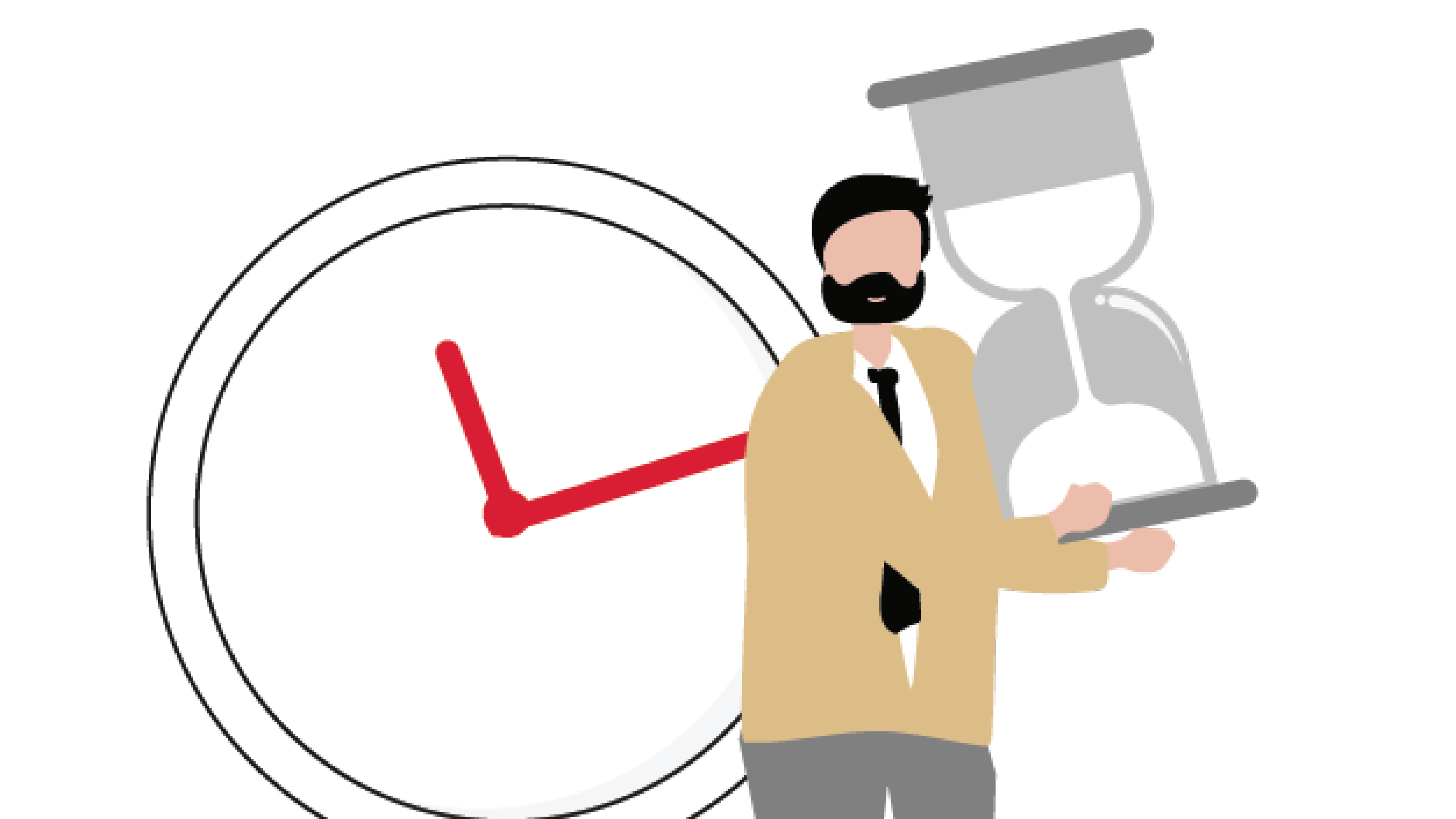 Strichzeichnung Personengruppe mit Uhr, Sanduhr und Swiss Life Logo