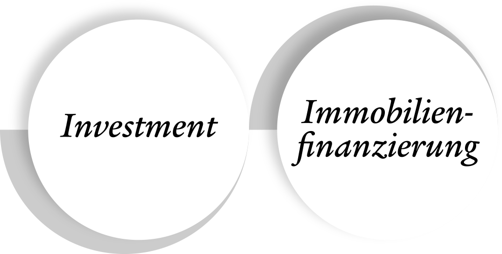 Begriffe „Investment“ und „Immobilienfinanzierung“ symbolisieren Themenbereiche der privaten Finanzberatung.