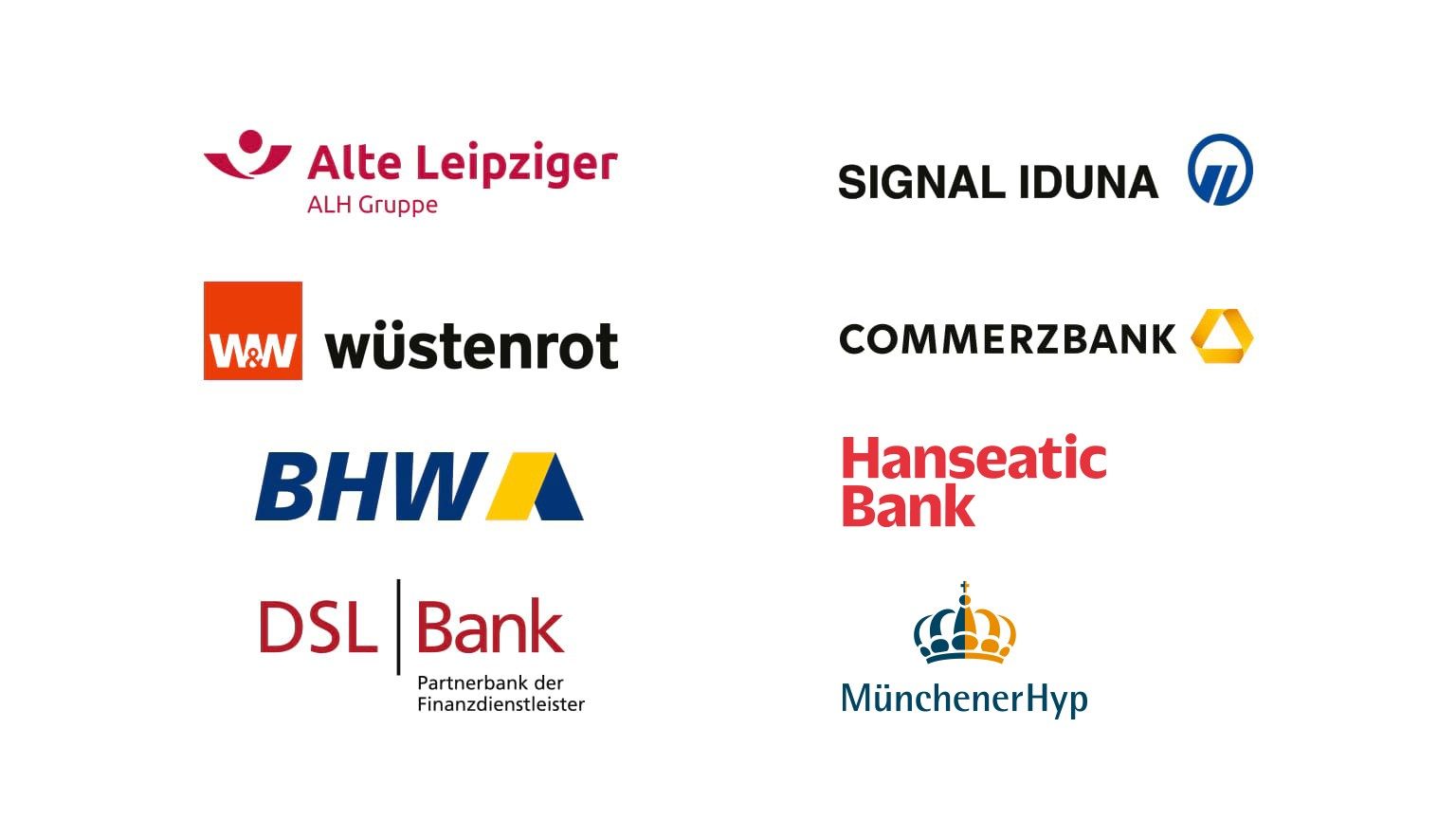 Logos verschiedener Finanzdienstleister und Banken: Alte Leipziger, Signal Iduna, Wüstenrot, Commerzbank, BHW, Hanseatic Bank, DSL Bank und MünchenerHyp.