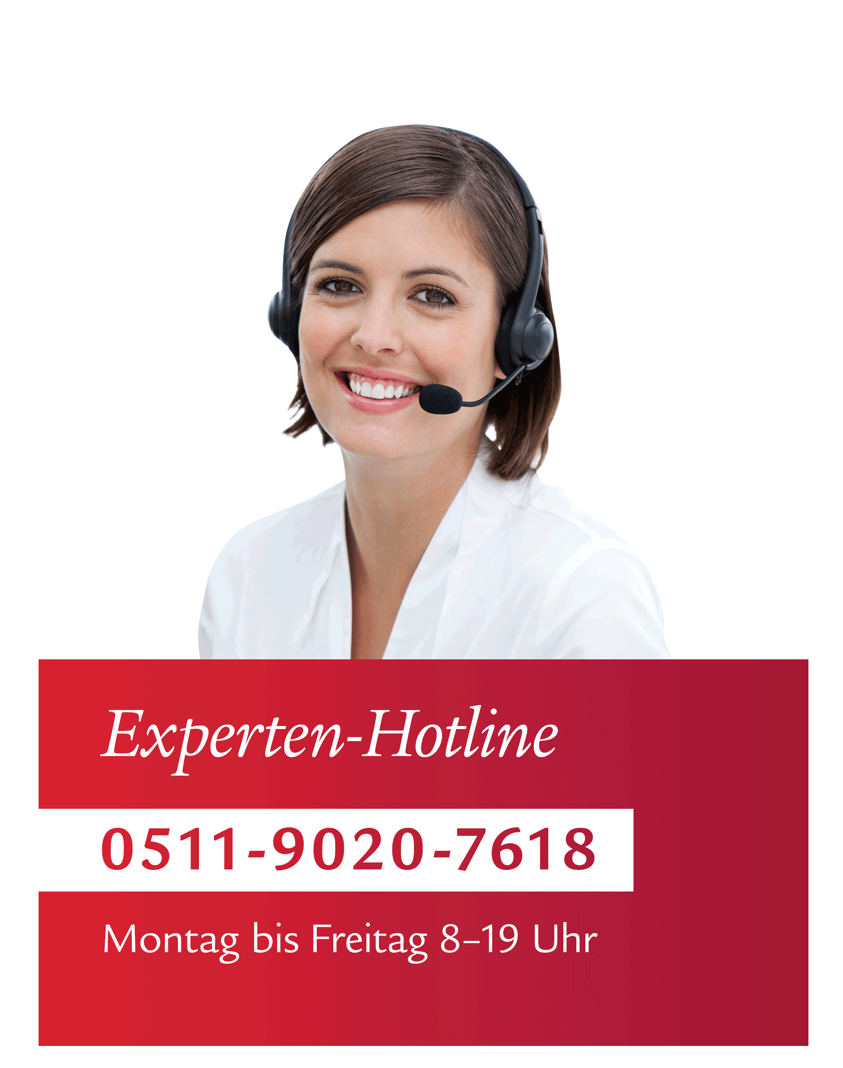 Frau mit Headset blickt in die Kamera und verweist auf Telefonnummer 051190207618