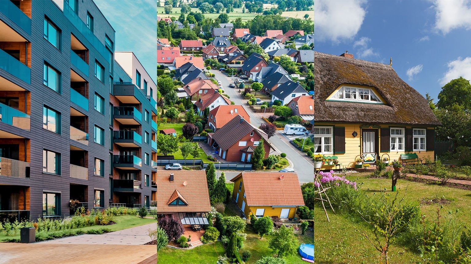 Stadtwohnung, Wohngebiet und Landhaus